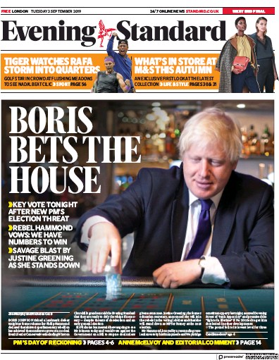 London Evening Standard Newspaper Front Page for 4 September 2019