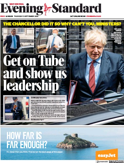 London Evening Standard Newspaper Front Page for 4 September 2020