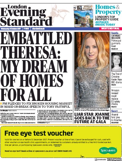 London Evening Standard Newspaper Front Page for 5 October 2017
