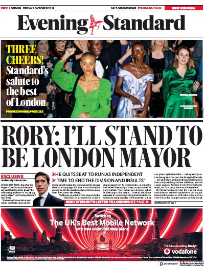 London Evening Standard Newspaper Front Page for 5 October 2019