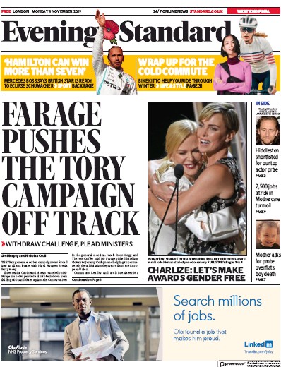London Evening Standard Newspaper Front Page for 5 November 2019