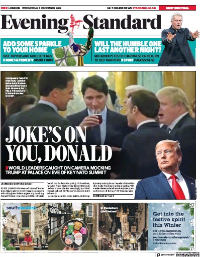London Evening Standard Newspaper Front Page for 5 December 2019