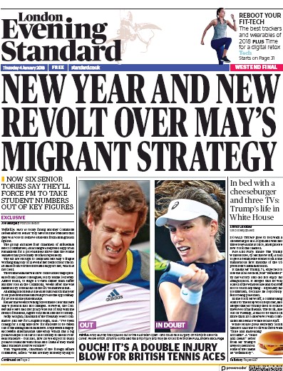 London Evening Standard Newspaper Front Page for 5 January 2018