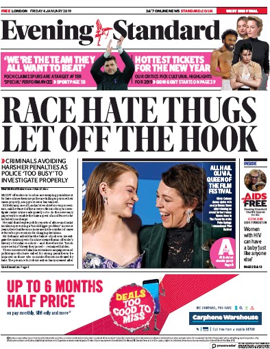 London Evening Standard Newspaper Front Page for 5 January 2019