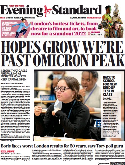 London Evening Standard (UK) Newspaper Front Page for 5 January 2022