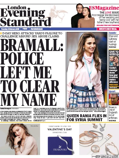 London Evening Standard Newspaper Front Page for 5 February 2016