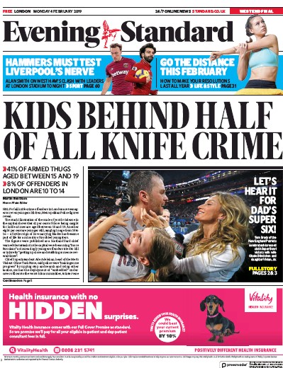 London Evening Standard Newspaper Front Page for 5 February 2019