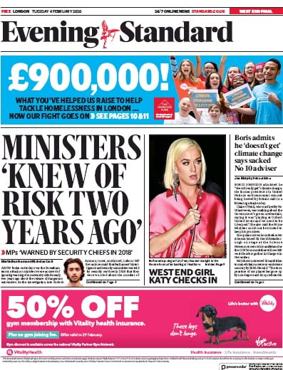 London Evening Standard Newspaper Front Page for 5 February 2020