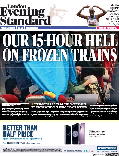 London Evening Standard Newspaper Front Page for 5 March 2018