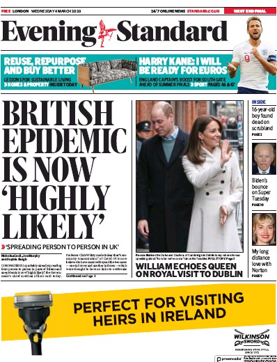 London Evening Standard Newspaper Front Page for 5 March 2020