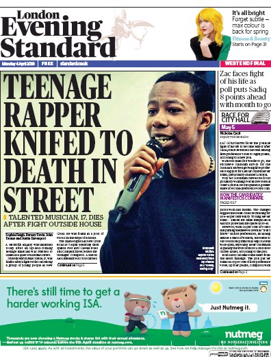 London Evening Standard Newspaper Front Page for 5 April 2016