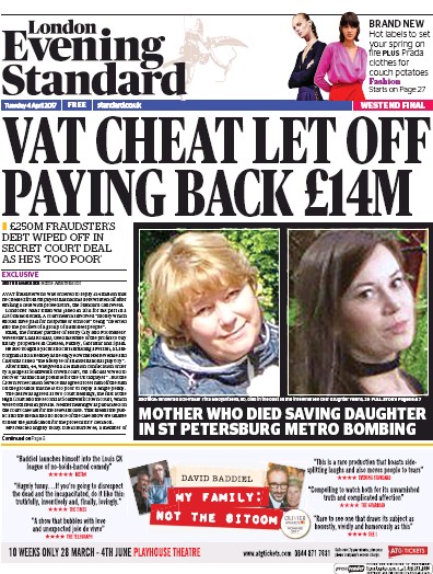 London Evening Standard Newspaper Front Page for 5 April 2017