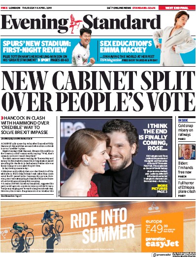 London Evening Standard Newspaper Front Page for 5 April 2019