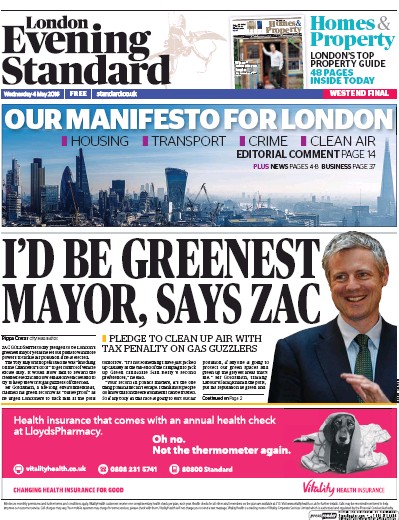 London Evening Standard Newspaper Front Page for 5 May 2016