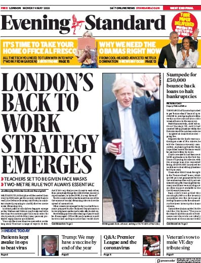 London Evening Standard (UK) Newspaper Front Page for 5 May 2020