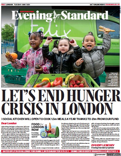 London Evening Standard (UK) Newspaper Front Page for 5 May 2021