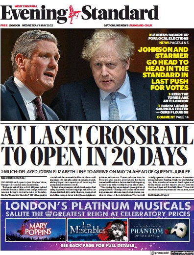 London Evening Standard (UK) Newspaper Front Page for 5 May 2022