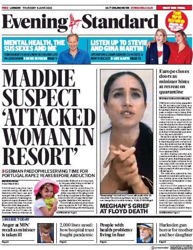 London Evening Standard Newspaper Front Page for 5 June 2020