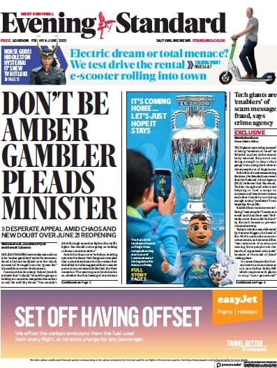 London Evening Standard Newspaper Front Page for 5 June 2021