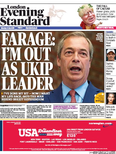 London Evening Standard Newspaper Front Page for 5 July 2016
