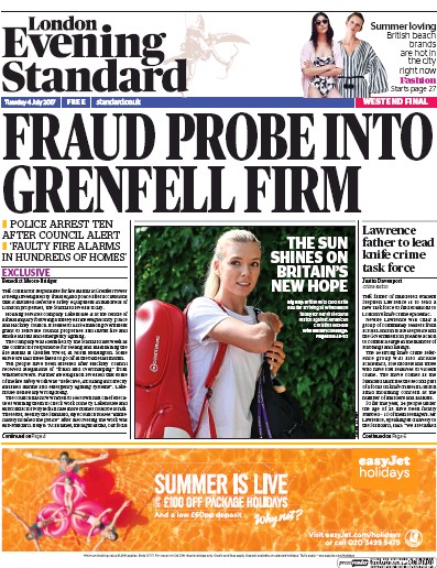 London Evening Standard Newspaper Front Page for 5 July 2017