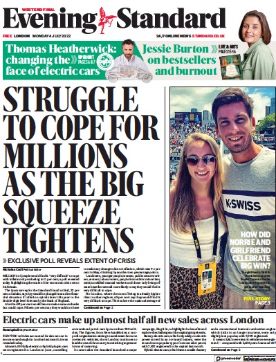 London Evening Standard (UK) Newspaper Front Page for 5 July 2022