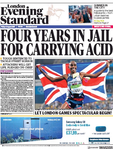 London Evening Standard (UK) Newspaper Front Page for 5 August 2017