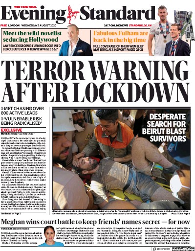 London Evening Standard Newspaper Front Page for 5 August 2020