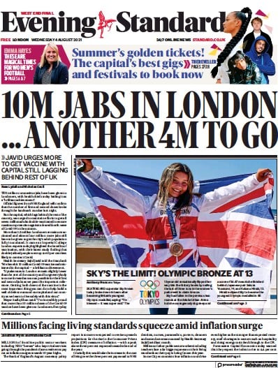 London Evening Standard (UK) Newspaper Front Page for 5 August 2021
