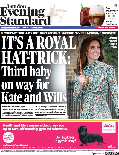 London Evening Standard Newspaper Front Page for 5 September 2017