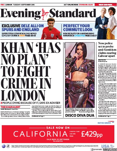 London Evening Standard Newspaper Front Page for 5 September 2018