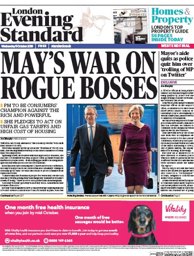 London Evening Standard Newspaper Front Page for 6 October 2016