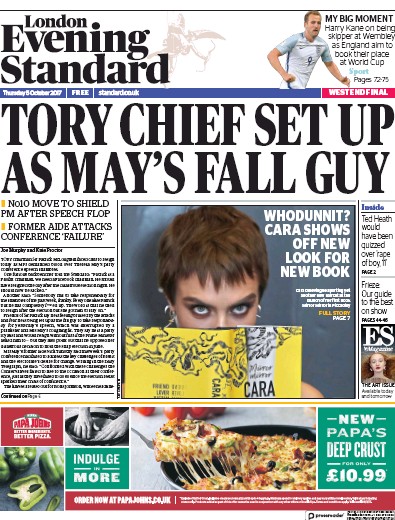 London Evening Standard Newspaper Front Page for 6 October 2017