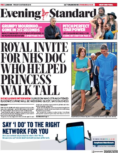 London Evening Standard Newspaper Front Page for 6 October 2018