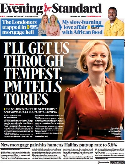 London Evening Standard Newspaper Front Page for 6 October 2022