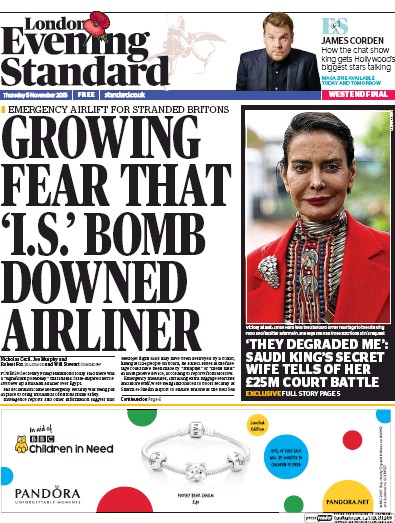 London Evening Standard Newspaper Front Page for 6 November 2015
