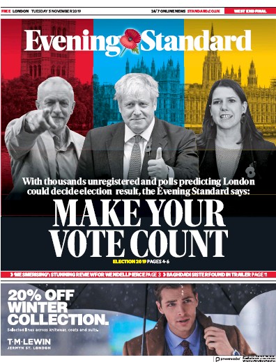 London Evening Standard Newspaper Front Page for 6 November 2019