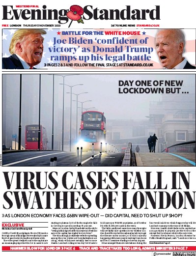 London Evening Standard Newspaper Front Page for 6 November 2020