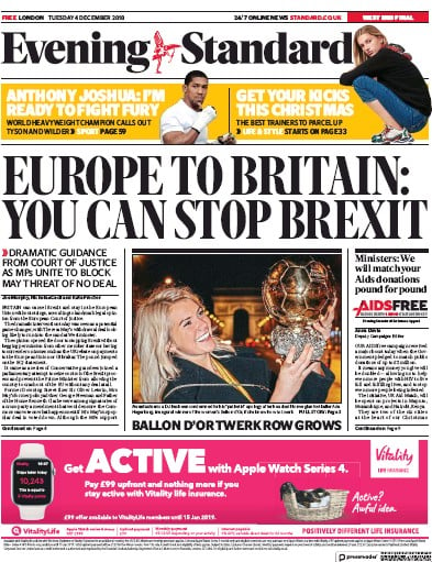 London Evening Standard (UK) Newspaper Front Page for 6 December 2018