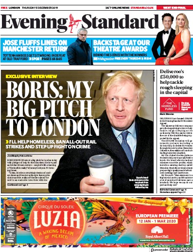 London Evening Standard Newspaper Front Page for 6 December 2019