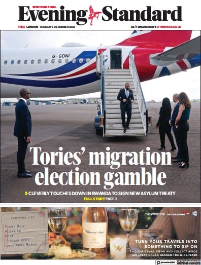 London Evening Standard (UK) Newspaper Front Page for 6 December 2023