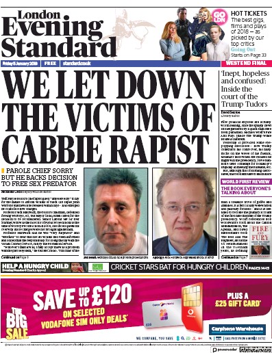 London Evening Standard Newspaper Front Page for 6 January 2018