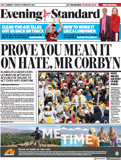 London Evening Standard Newspaper Front Page for 6 February 2019