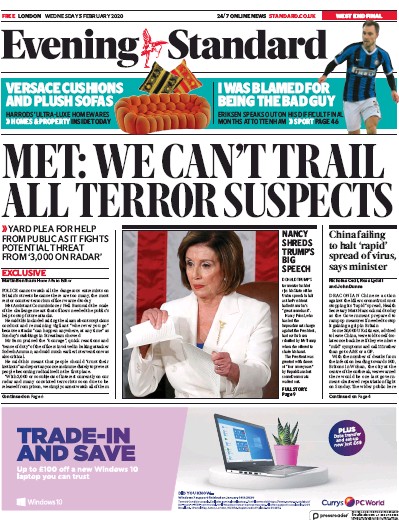 London Evening Standard Newspaper Front Page for 6 February 2020