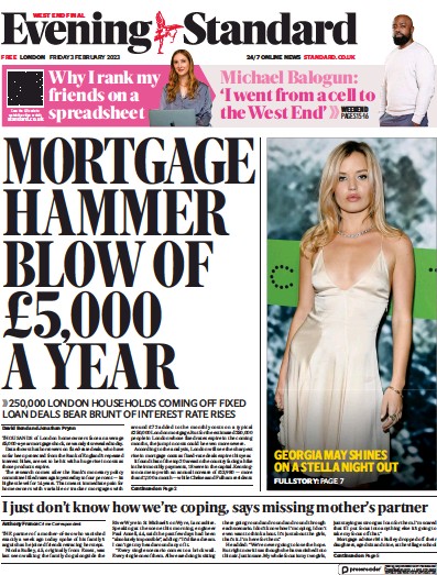 London Evening Standard (UK) Newspaper Front Page for 6 February 2023