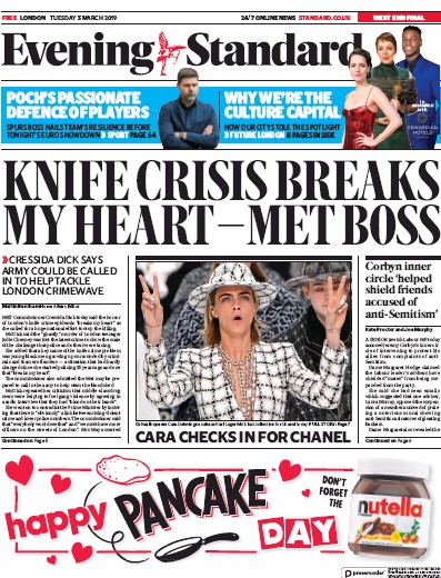 London Evening Standard Newspaper Front Page for 6 March 2019