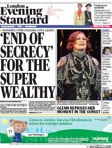 London Evening Standard Newspaper Front Page for 6 April 2016