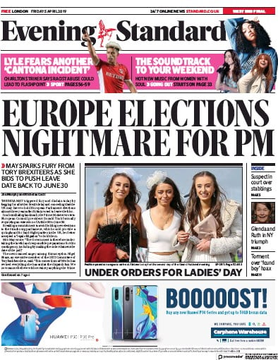 London Evening Standard Newspaper Front Page for 6 April 2019
