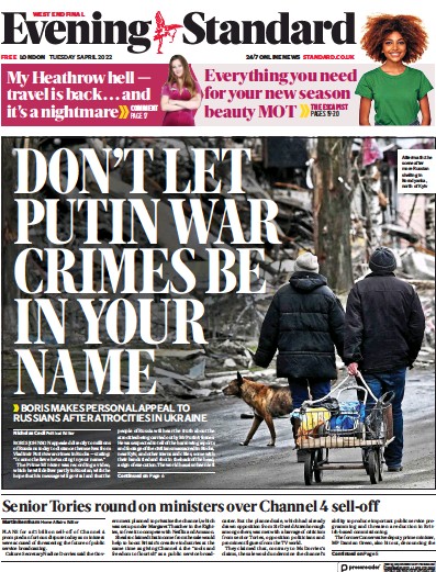 London Evening Standard Newspaper Front Page for 6 April 2022