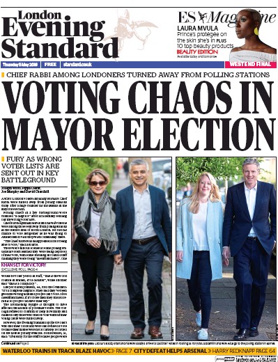 London Evening Standard Newspaper Front Page for 6 May 2016